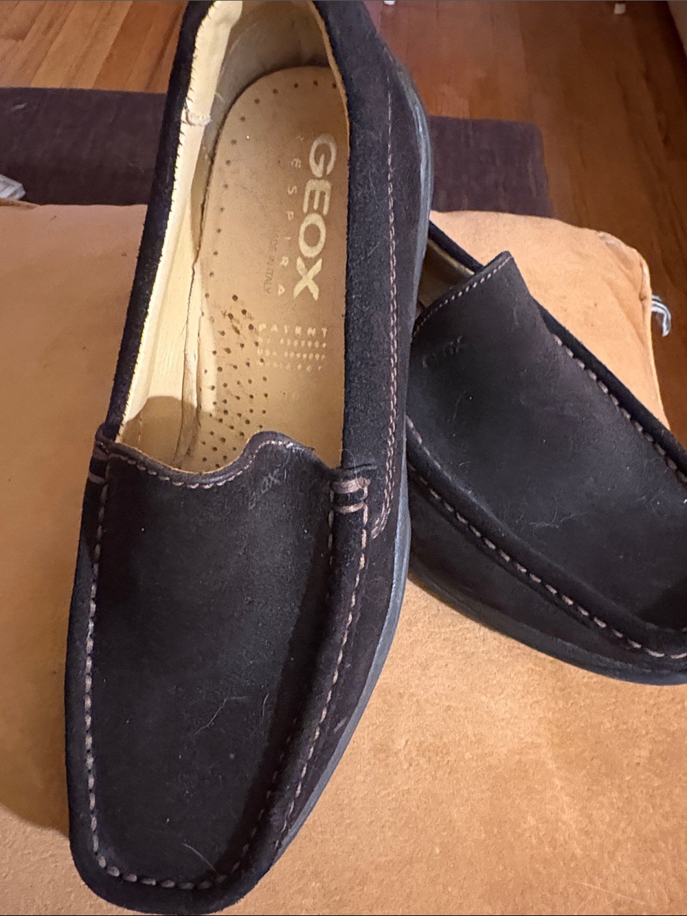 Geox Men's Dark Brown Suede Slip-On Loafers, Contrast Stitch